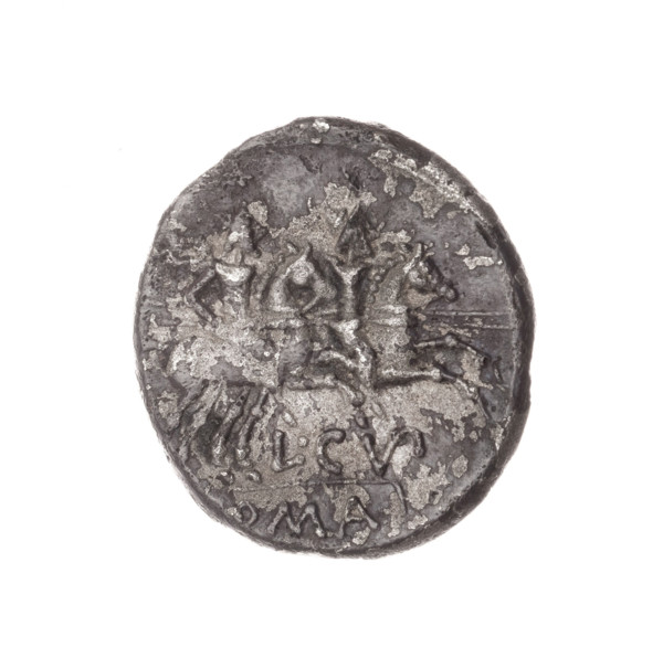 Denarius subaeratus; obverse: helmeted head of Roma right, behind it a cornucopia, in front a sign