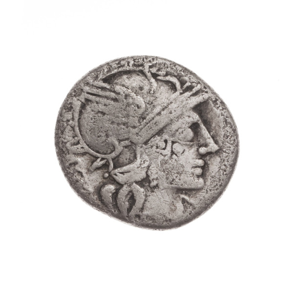 Denarius. Obverse: Helmeted head of Roma facing right; behind it the inscription 'C. ANTE'