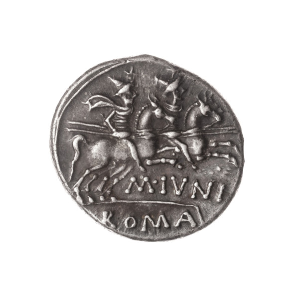 Denarius, M. Iunius (publisher), 145 BC. Obverse: Helmeted head of Roma right; behind it a donkey's