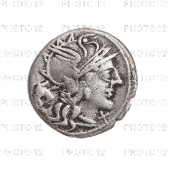 denarius, Iunius, M. (fl. 145 BC), publisher; Obv.: Head of Roma in helmet at right; behind her a