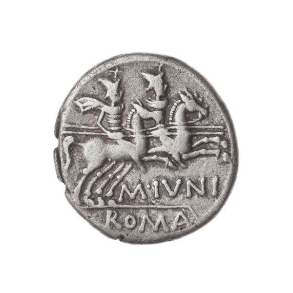 Denarius, M. Iunius (publisher), 145 BC. Obverse: Head of Roma in helmet at right; behind her a
