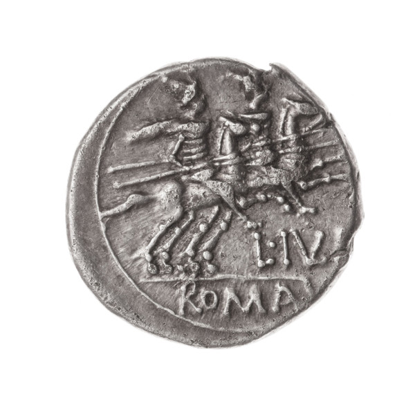 denarius, Iulius, L. (fl. 141 BC), publisher; Obv. Head of Roma in helmet right; behind her the