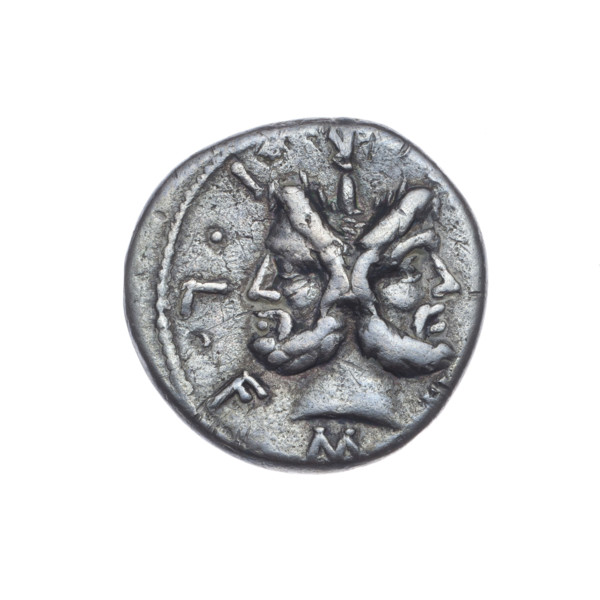 Denarius; M. Furius Philus (fl. 119 BC), issuer. Obverse: head of Janus in a laurel wreath;