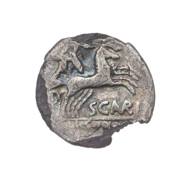 Denarius subaeratus; Aurelius Scaurus, M. (fl. 118 BC), publisher; Licinius Crassus, L. (fl. 118