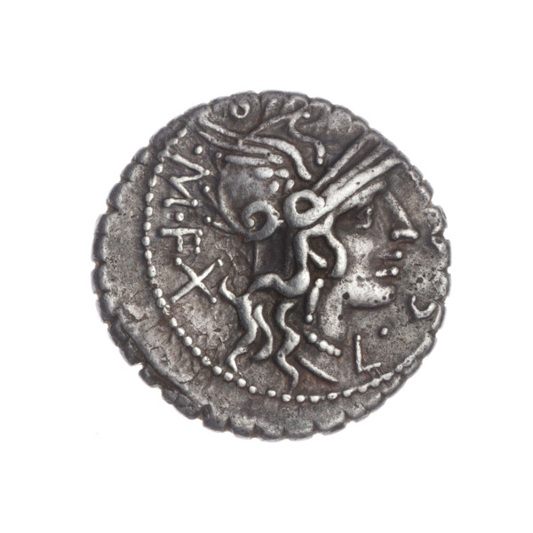 Denarius serratus. Obverse: Head of Roma in an Attic helmet facing right; around inscription L C O