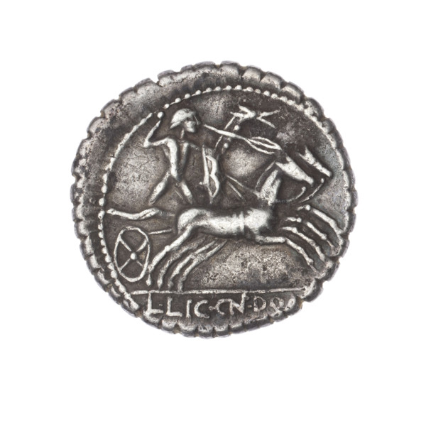 Denarius serratus; publishers: L. Cosconius (fl. 118 BC), L. Licinius Crassus (fl. 118 BC), Cn.