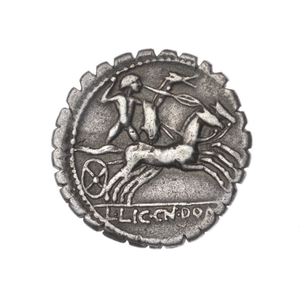 Denarius serratus; obverse: head of Roma in an Attic helmet facing right, inscription L.COSCO.MF (S