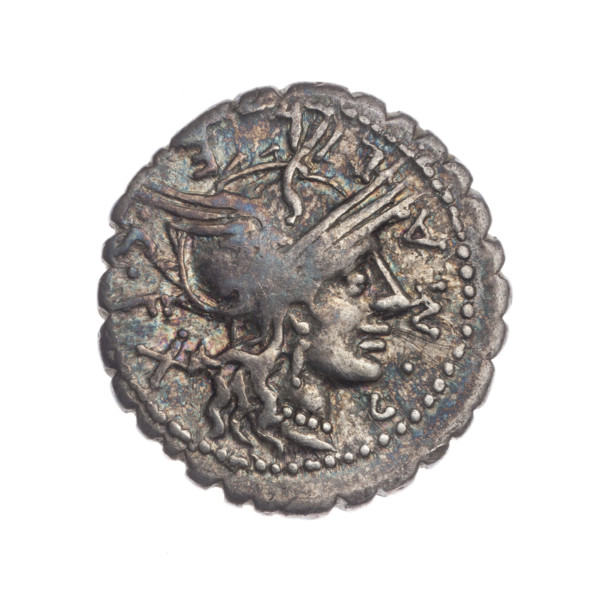 Denarius serratus; Publicius Malleolus, C. (fl. 118 BC), publisher; Licinius Crassus, L. (fl. 118