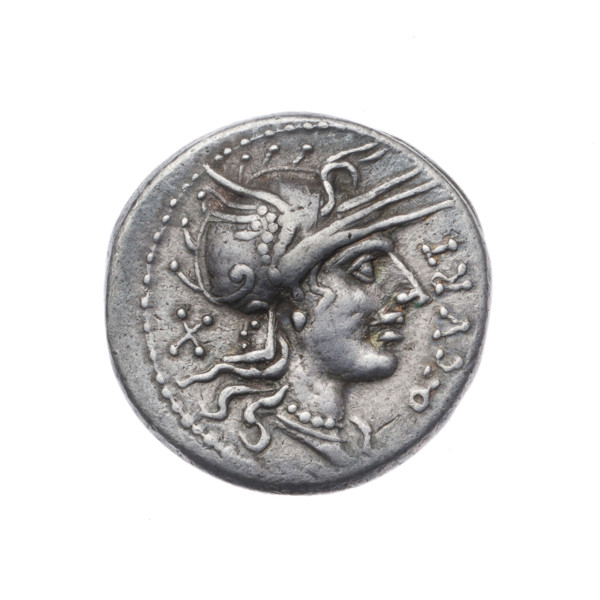Denarius; obverse: helmeted head of Roma right, inscription Q.CVRT in front, sign of value X