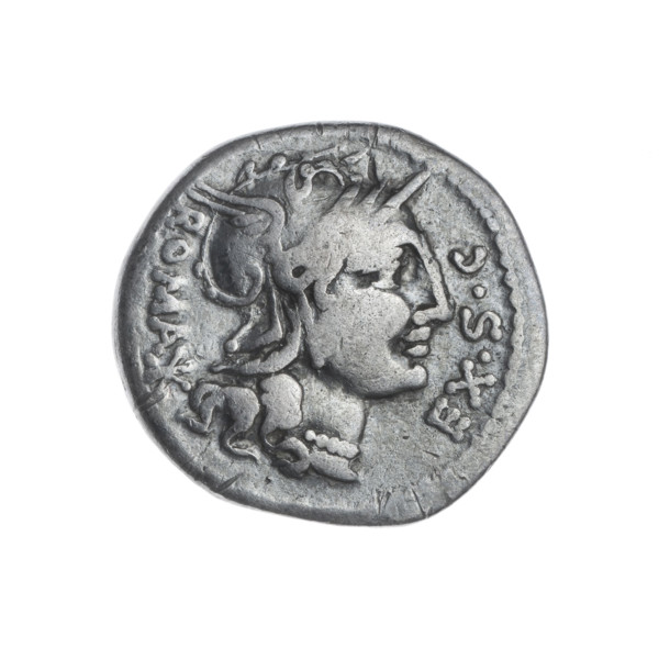 Denarius of M. Sergius Silus, 116–115 BC. Obverse: helmeted head of Roma right; before it the
