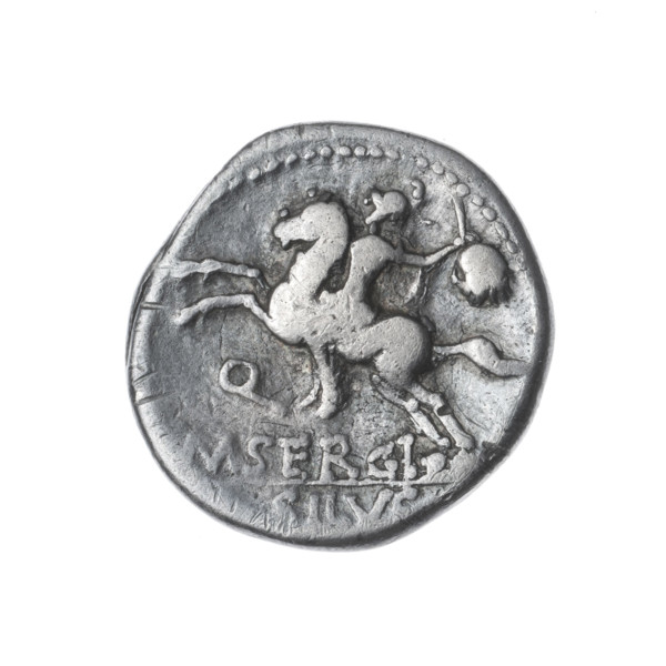 Denarius, Sergius Silus, M. (fl. 116–115 BC), publisher. Obverse: Helmeted head of Roma at right;