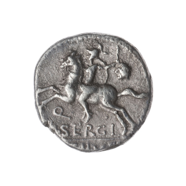 denarius, Sergius Silus, M. (fl. 116–115 BC), publisher; Roma (mythology), horses, helmets, riders,