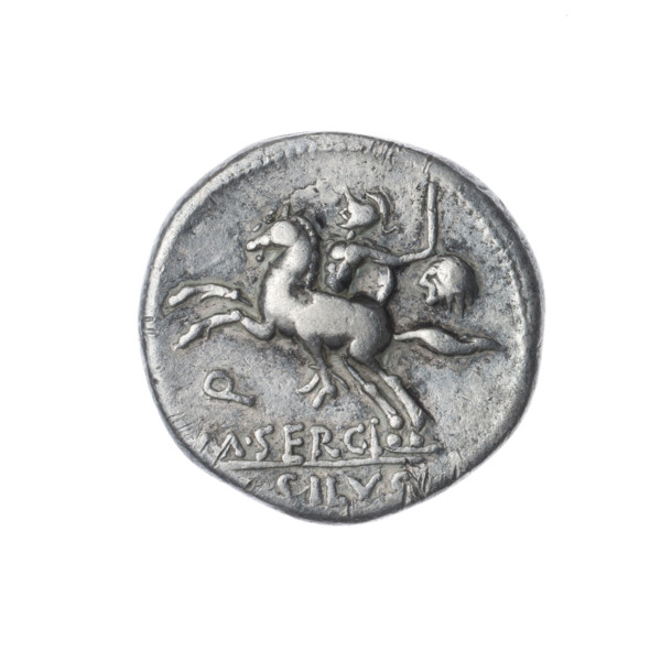 denarius, Sergius Silus, M. (fl. 116–115 BC), publisher; Roma (mythology); horses, helmets, swords,