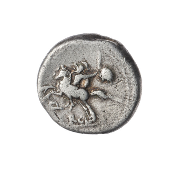 Denarius; issuer: M. Sergius Silus (fl. 116–115 BC), publisher. Obverse: Helmeted head of Roma