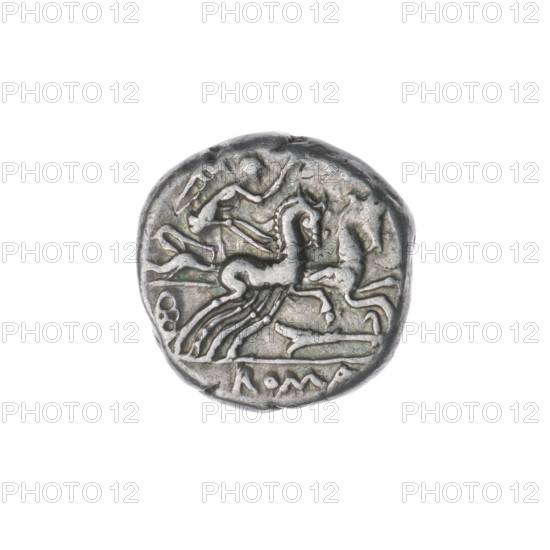 Denarius, publisher M. Cipius (fl. 115–114 BC). Obverse: head of Roma in a helmet right; in front