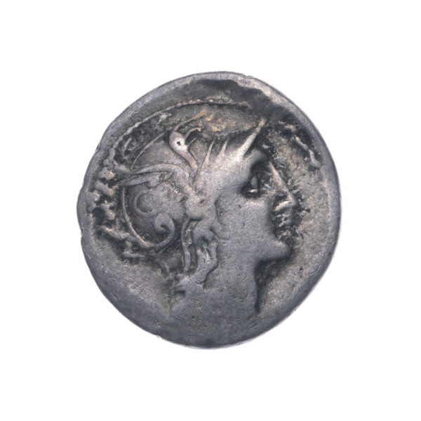 Denarius, Claudius Pulcher, C. (fl. 110–109 BC), publisher. Obverse: head of Roma wearing a helmet