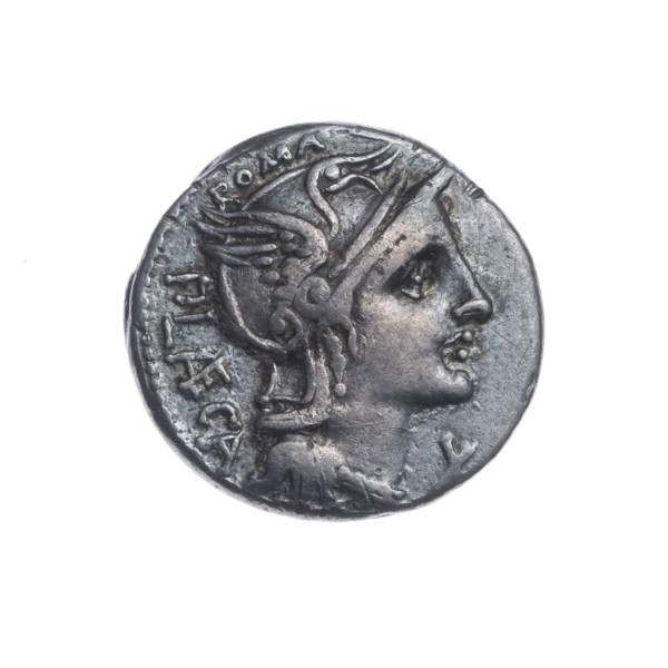 Denarius, Porcius Laeca, P. (fl. 110–109 BC), publisher. Obv.: Head of Roma in a helmet facing