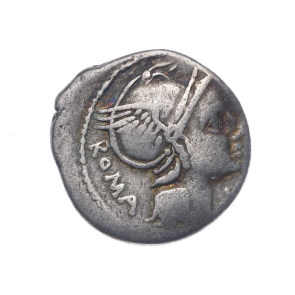 Denarius; issuer: L. Flaminius Chilo (fl. 109–108 BC). Obverse: head of Roma in a helmet facing