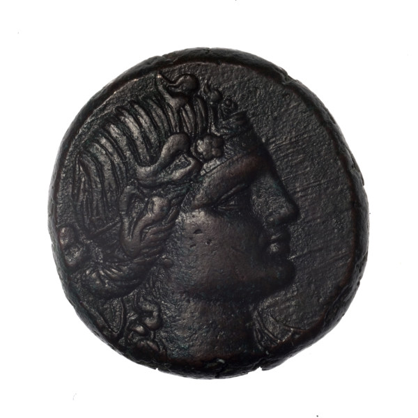 Bronze coin, Pantikapaion; obverse: head of young Dionysus in an ivy wreath facing right; reverse: