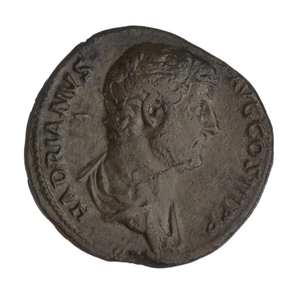 Sestertius of Hadrian (76–138; Roman Emperor 117–138). Obverse: Bust of Hadrian facing right in