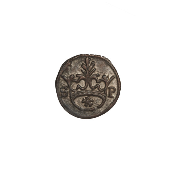Crown denarius of Sigismund I the Old (King of Poland, reign 1506–1548). Obverse: crown flanked by