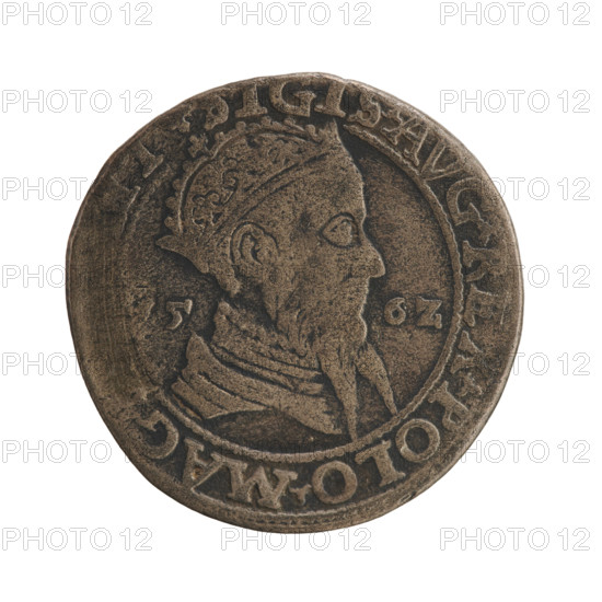 Lithuanian trojak, Sigismund II Augustus (King of Poland; 1544–1572). Obverse: crowned male bust in