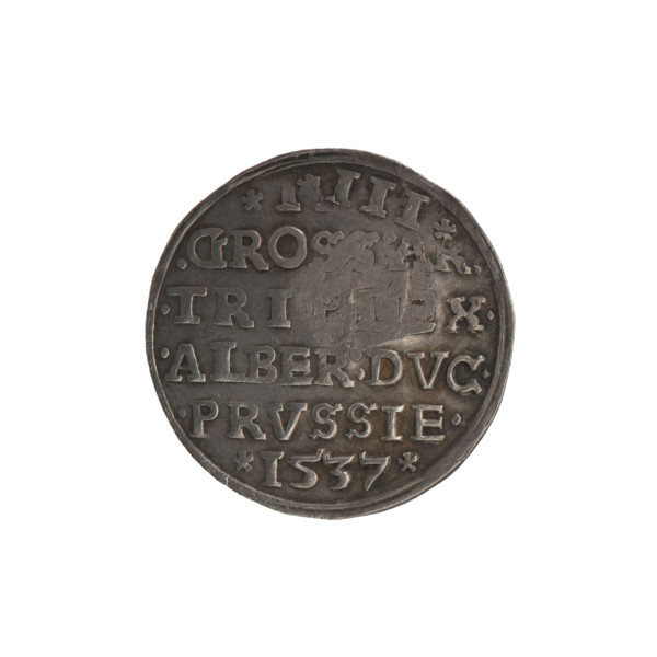 Three-piece coin with the countersignature of the City of Gdansk from 1577. Obverse: male bust in