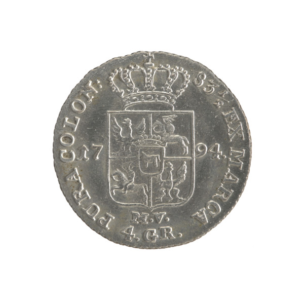 Gold crown (coin), 1794. Obverse: head/portrait of Stanislaw August (Stanislaw August Poniatowski),