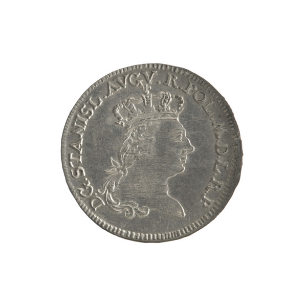 Six-coin, Brückmann, Szymon (fl. 1764–1768). Obverse: right-facing crowned head of Stanislaw August