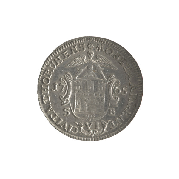 Six-coin, 1765. Obverse: right-facing crowned head of Stanislaw August, around inscription divided