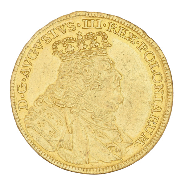 Crown double-ducat by Ernest Dietrich Croll (fl. 1753–1763), 1754. Obverse: Crowned bust of King