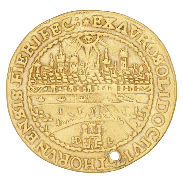 Torun donative — 2 ducats. Maker: Lauer, Hans Dawid (active 1649–1669). Issued under Michal Korybut