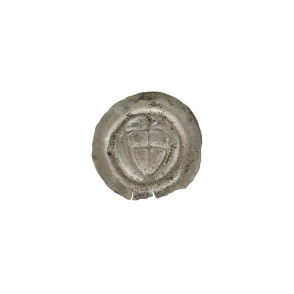 Denarius - bracteate; one-sided coin depicting a triangular shield with a cross whose arms reach