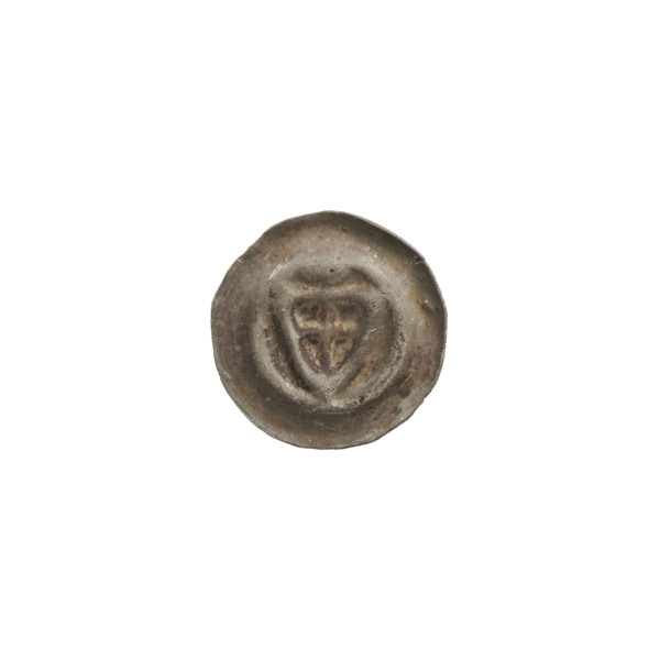 Denarius bracteate; one-sided coin depicting a triangular shield with a cross whose arms reach the