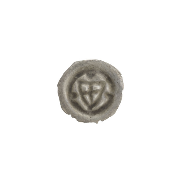 Denarius (bracteate). One-sided coin depicting a triangular shield with a cross whose arms reach