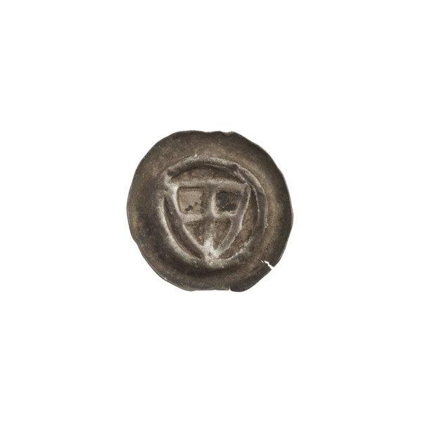 Denarius - bracteate; triangular shield with a cross whose arms reach the edge; shields; one-sided