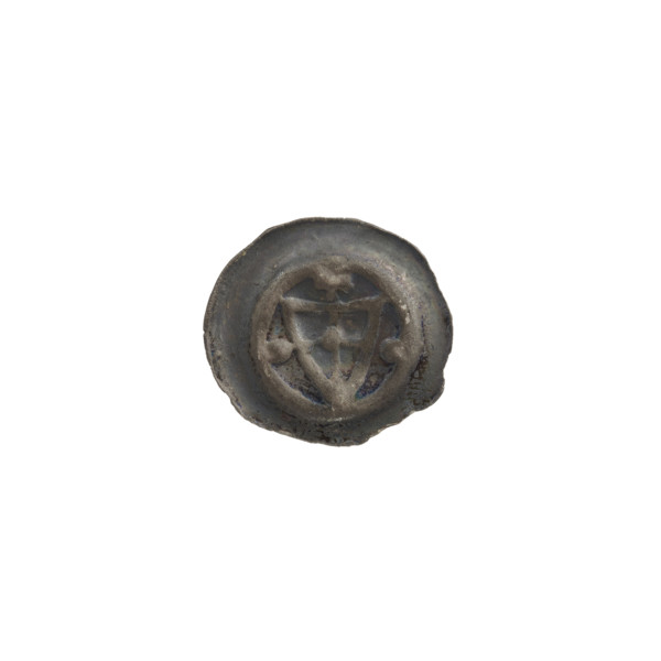 Denarius - bracteate: one-sided coin depicting a triangular shield with a cross whose arms reach