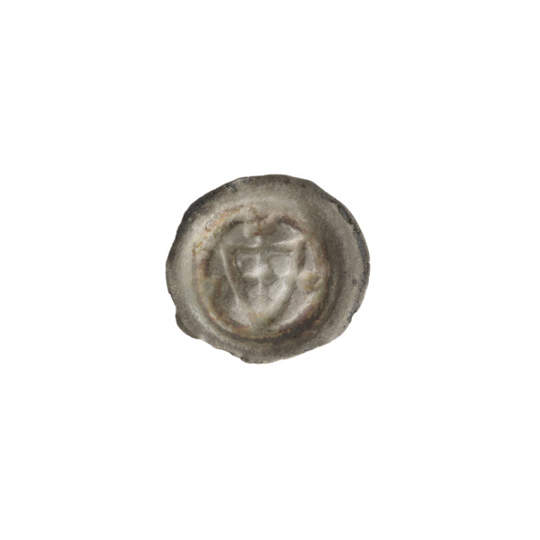 Denarius - bracteate; one-sided coin depicting a triangular shield with a cross whose arms reach