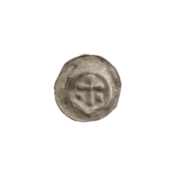 Denarius bracteate, one-sided coin depicting a Latin cross with rounded arm ends; on both sides of
