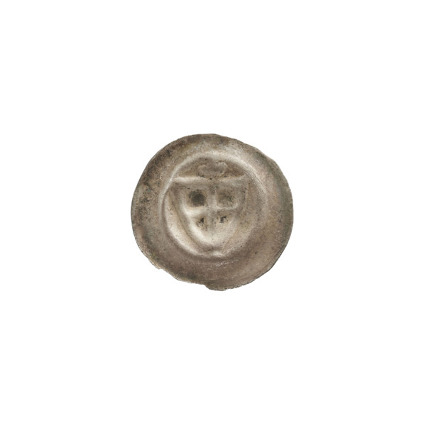 Denarius bracteate: one-sided coin depicting a triangular shield with a cross whose arms reach the