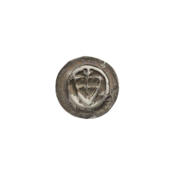 Denarius - bracteate, one-sided coin featuring a triangular shield with a cross whose arms reach