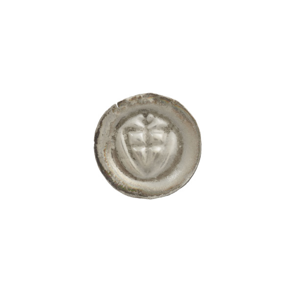 Denarius-bracteate; one-sided coin depicting a triangular shield with a cross whose arms reach the