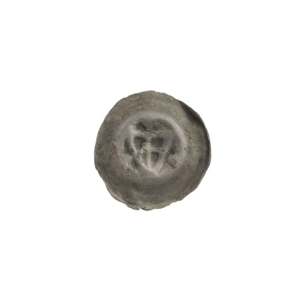 Denarius (bracteate). One-sided coin showing a triangular shield with a cross whose arms reach the