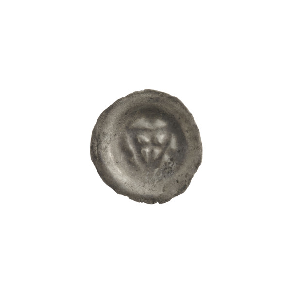 Denarius (bracteate); one-sided coin showing a triangular shield with a cross whose arms reach the
