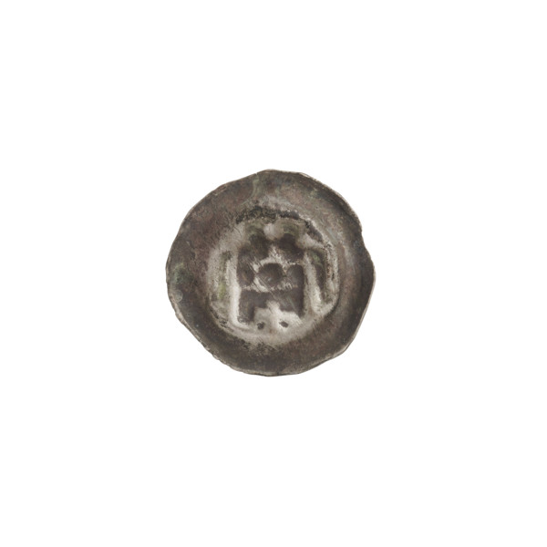 Denarius (bracteate). One-sided coin depicting a gate (Gate II) topped with three pillars
