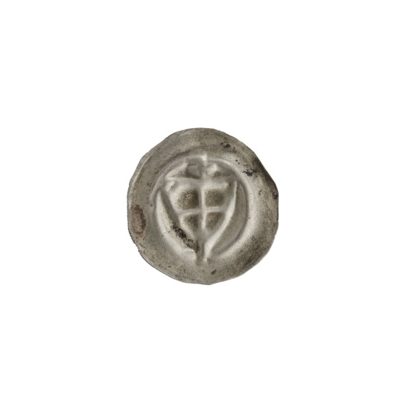 Denarius - bracteate; triangular shield with a cross whose arms reach the edge; above the shield a