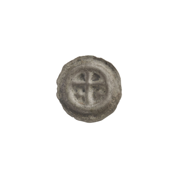 Denarius (bracteate), one-sided coin depicting a Latin cross with slightly widening arm tips; on