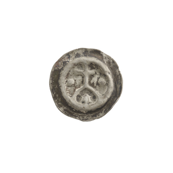 Denarius — bracteate; one-sided coin depicting a cross supported by an arch (arcade) with stars; a