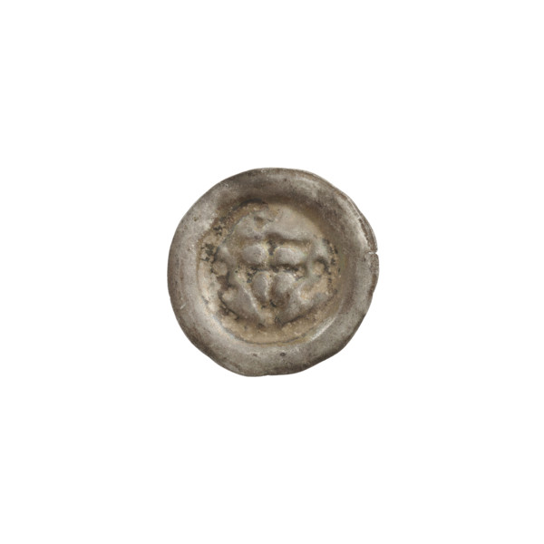 Denarius - bracteate; one-sided coin featuring a triangular shield with a cross whose arms reach