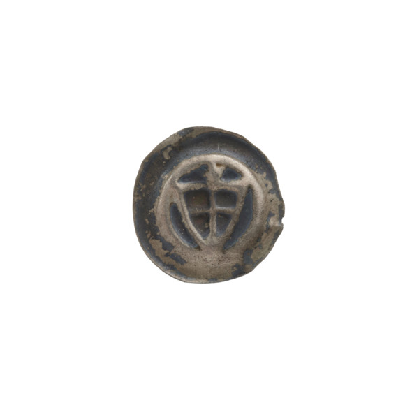 Denarius (bracteate), one-sided coin depicting a triangular shield with a cross whose arms reach